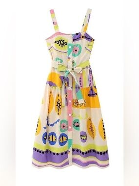 NWT- Sunday Up Multicolor Printed Button-Front Sundress with Tie Waist